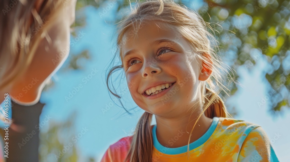 Obraz premium A young girl with a radiant smile looking up at someone with a bright blue sky and green trees in the background.