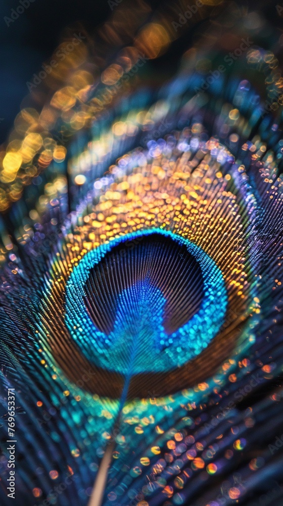 Naklejka premium Closeup of a vibrant peacock feather, photorealistic image with natural lighting ,ultra HD,clean sharp focus