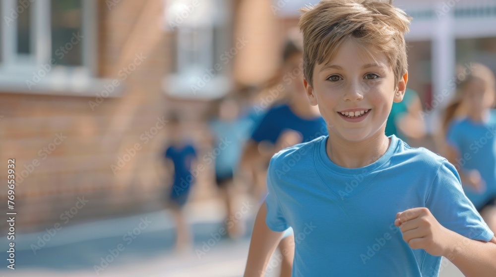 Young boy in blue shirt running with a smile on his face. Young boy in blue shirt running with a smile on his face.