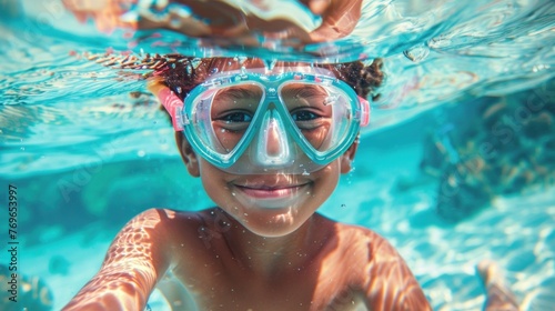 A young child with a joyful expression wearing a pair of blue goggles swimming underwater with bu bbles around them.