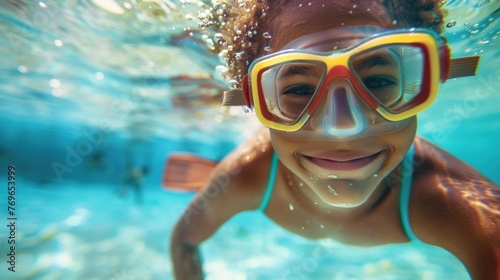 A joyful young girl with a snorkel mask swimming in clear blue water with a smile on her face surrounded by bubbles.