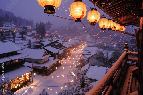 elevated view of a town lit by snow lanterns, streets dusted with snow © primopiano