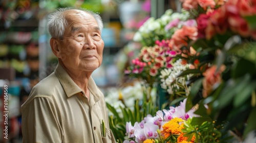 An elderly man with a serene expression standing amidst a vibrant display of colorful flowers in a market. © iuricazac