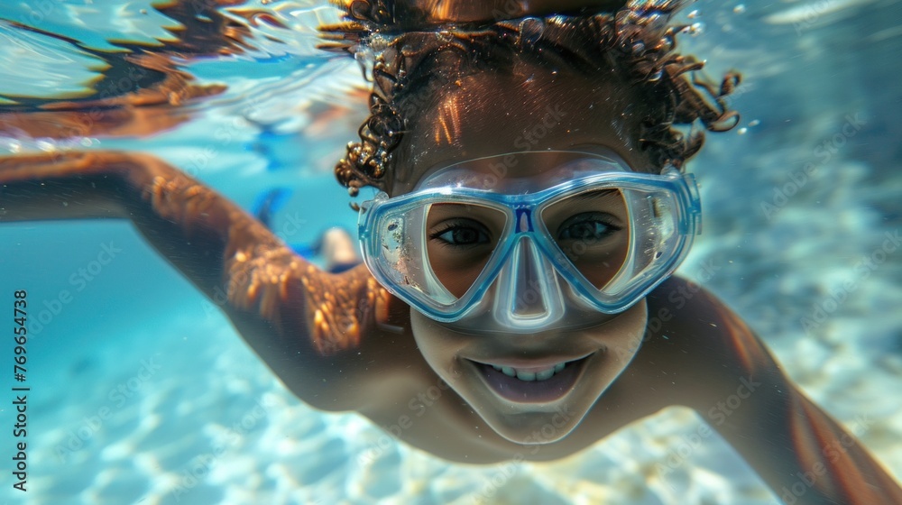 Fototapeta premium A joyful child with curly hair wearing blue goggles swimming underwater with a radiant smile.
