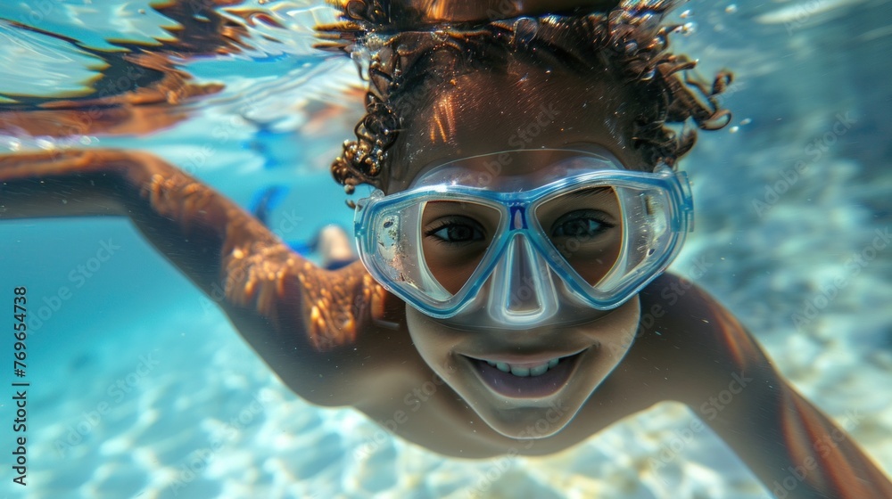A joyful child with curly hair wearing blue goggles swimming underwater with a radiant smile.