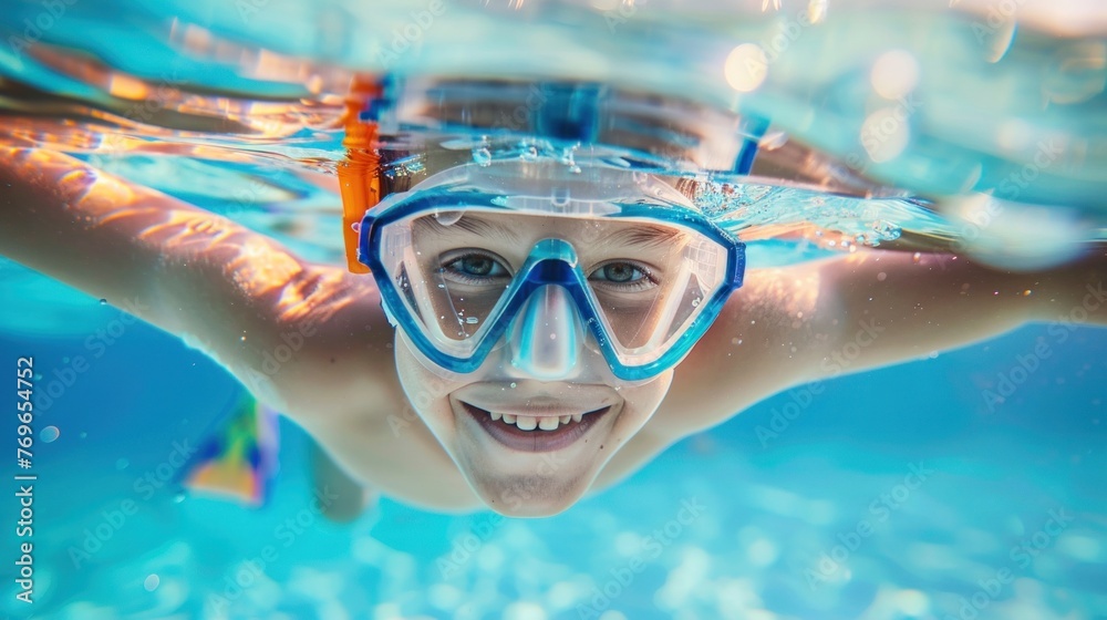 A joyful child underwater wearing a blue snorkel mask with arms outstretched smiling broadly and surrounded by bubbles.