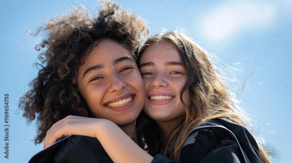Fototapeta premium Two young women with curly hair smiling brightly and embracing each other wearing graduation caps and gowns set against a clear blue sky.