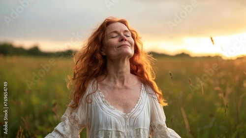 A woman with long red hair wearing a white blouse stands in a field with her eyes closed seemingly in a moment of peace or prayer as the sun sets behind her.