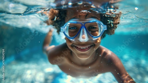 A joyful child with curly hair wearing blue goggles swimming underwater with a radiant smile. © iuricazac