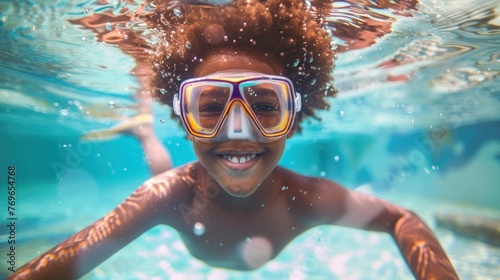 A joyful child with curly hair wearing goggles smiling underwater.