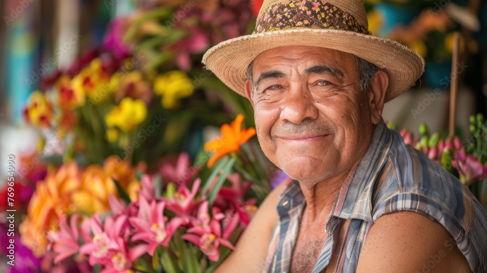 Old man in straw hat smiling at camera surrounded by vibrant flowers in a market setting.