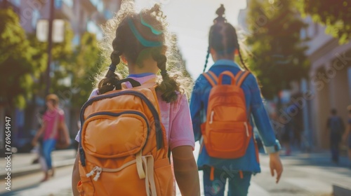 Two young girls walking down a street each carrying a backpack with trees and buildings in the background suggesting a sunny day in an urban setting.