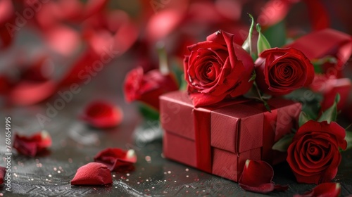 Fresh red roses bouquet placed on the luxury brown paper gift box with red bow ribbon. AI generated