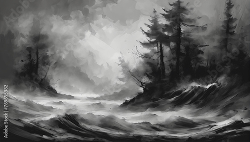 Abstract grayscale textures, variety of brush strokes, smudges, and ink wash techniques, depth and sad contrast, black and white forest canvas, ULTRA HD 8K