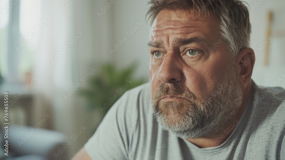 A man with a beard and mustache wearing a gray t-shirt sitting in a room with a window and a plant in the background looking contemplative. A man with a beard and mustache wearing a gray t-shirt sitting in a room with a window and a plant in the background looking contemplative.