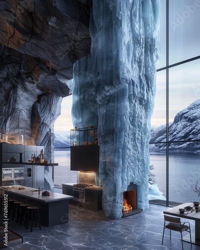 Interior of modern kitchen  iceege with black marble floor,  fireplace and sea view.