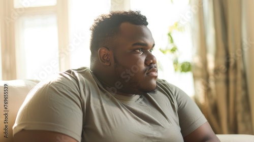 Free Download A man with a beard and short hair wearing a gray t-shirt sitting on a white couch looking off to the side with a thoughtful expression. - GFXLoad