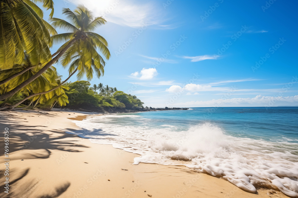 Fototapeta premium A beach with crystal-clear waters, palm trees, and sunbathers, embodying the allure of tropical paradise.