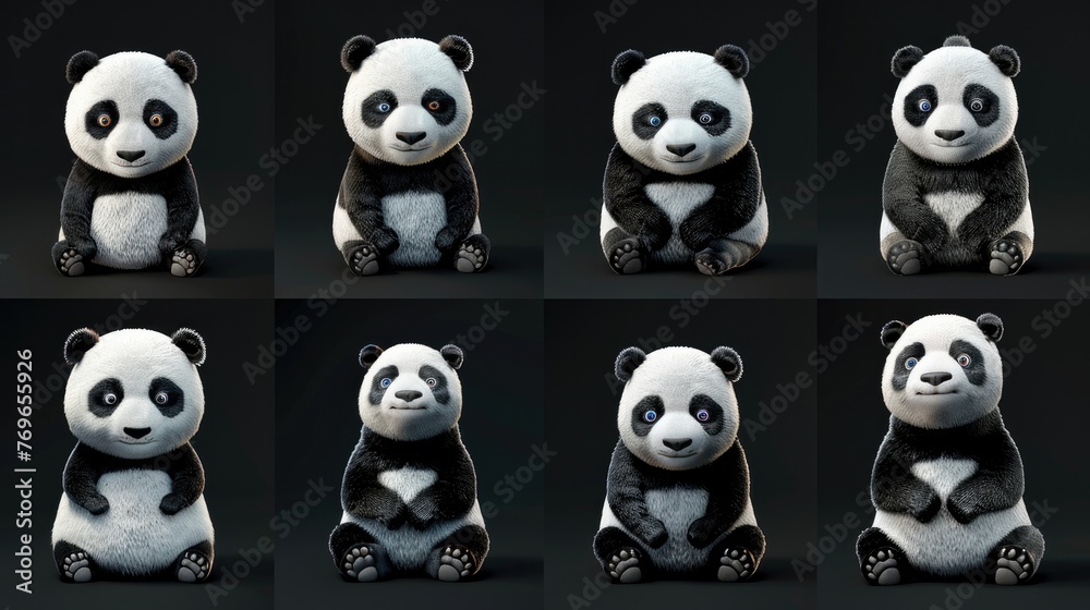 Animal panda  set collection. Isolated on black background. Generative AI