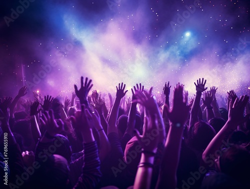 a crowd of people with their hands up in the air