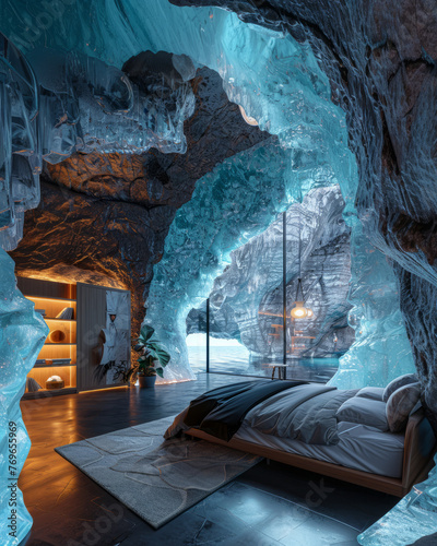 Interior of a cave with blue walls and wooden bed. bedroom iceege
