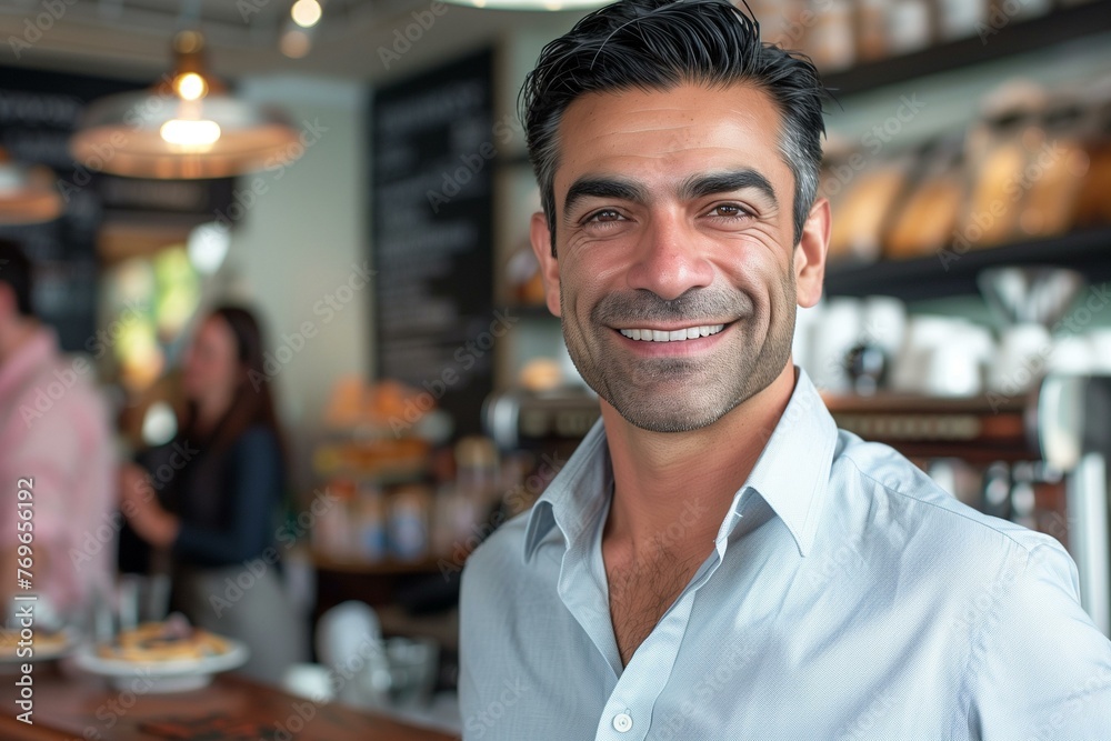 Fototapeta premium Smiling Businessman Enjoying a Moment in a Coffee Shop