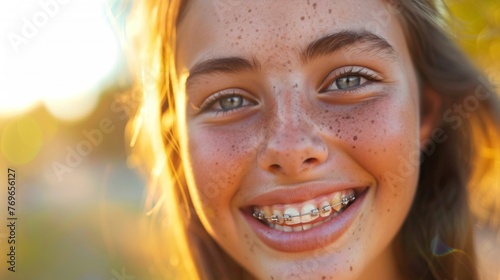 A young girl with freckles and blue eyes wearing braces smiling brightly with sunlight illuminating her face.