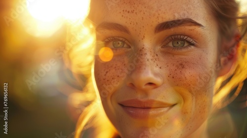 A close-up of a smiling woman with freckles glowing skin and striking blue eyes set against a blu rred warm-toned background possibly during sunrise or sunset.