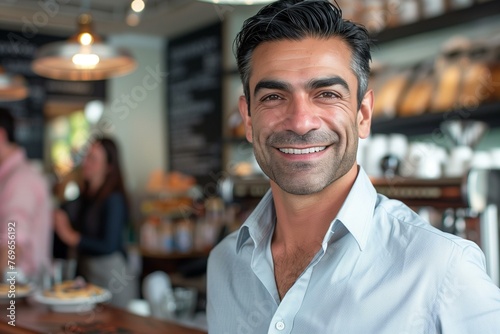 Smiling Businessman Enjoying a Moment in a Coffee Shop