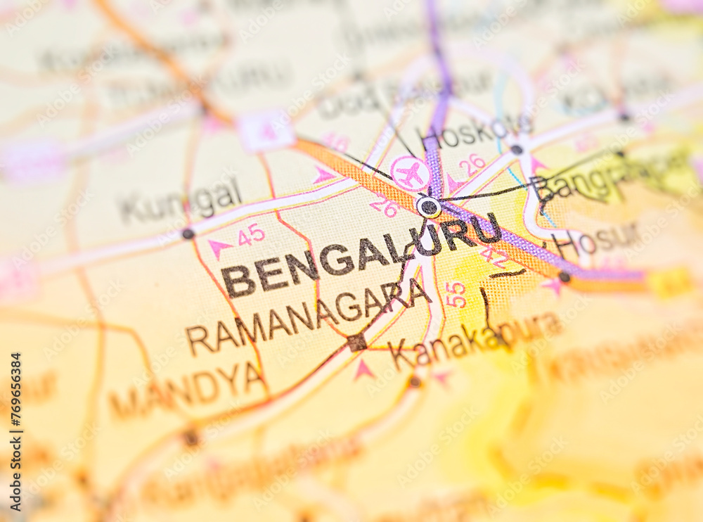 Bengaluru on a map of India with blur effect.