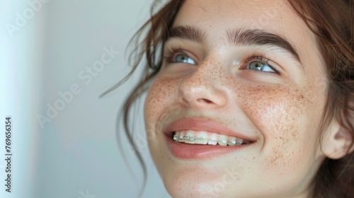 A close-up of a young woman with freckles smiling with braces looking up with a soft expression. photo