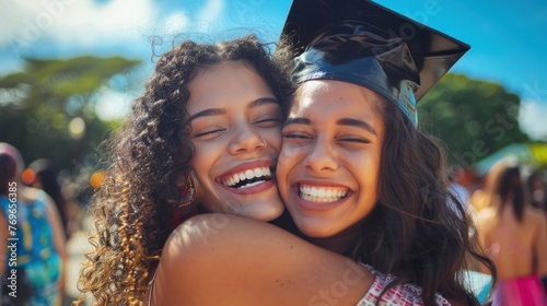 Two joyful young women embracing one wearing a graduation cap smiling broadly celebrating a milestone surrounded by a crowd at a sunny outdoor event.