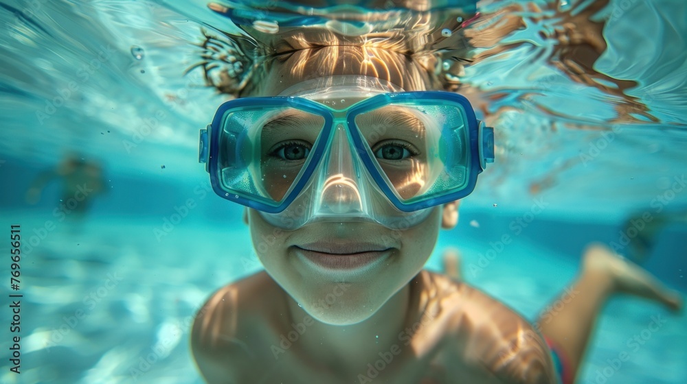 Fototapeta premium A young girl with blonde hair wearing blue goggles smiling underwater in a swimming pool.