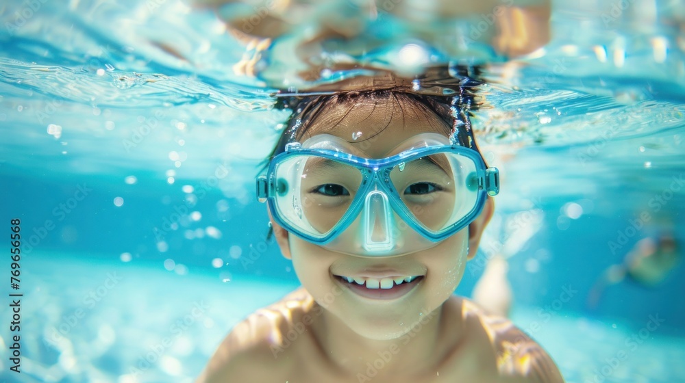 A young child with a big smile wearing blue goggles submerged in clear blue water looking directly at the camera.