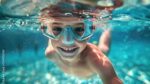 Young child underwater smiling wearing goggles swimming in clear blue water.