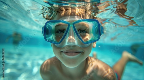 A young girl with blonde hair wearing blue goggles smiling underwater in a swimming pool.