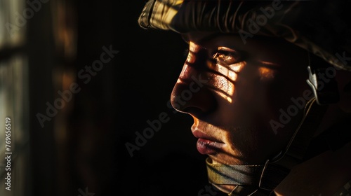Close up portrait a british soldier with helmet in shadow view. AI generated image