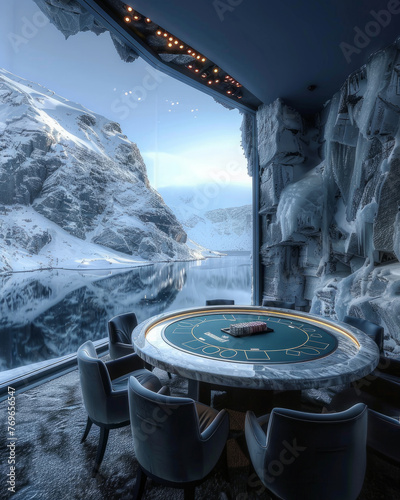 The interior of a poker room iceege with a view of the fjord.