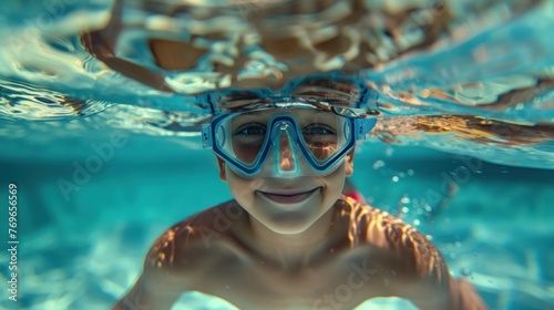 Young child wearing blue goggles smiling underwater with bubbles around face in clear blue pool.