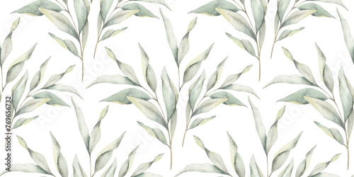 Fototapeta Naklejka Na Ścianę i Meble -  Green branches with leaves. Hand drawn watercolor seamless pattern of Twigs. Summer floral background for wedding design, textiles, wrapping paper, scrapbooking