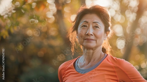 A woman in an orange shirt standing in a park with a warm blurred background.