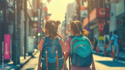 Two young girls walking down a city street each carrying a colorful backpack with the sun casting a warm glow on their backs as they head towards an unseen destination.