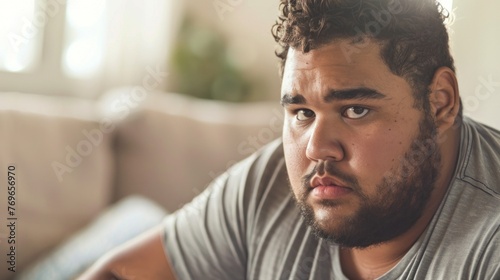 A man with a beard and curly hair wearing a gray t-shirt sitting on a couch with a thoughtful expression.