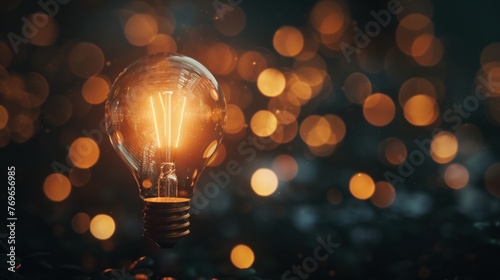Single light bulb light up at night with blurred background. AI generated image