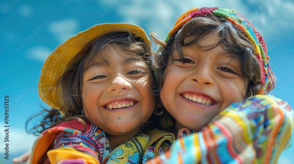 Two young girls with big smiles wearing colorful hats and clothing embracing each other against a clear blue sky. Two young girls with big smiles wearing colorful hats and clothing embracing each other against a clear blue sky.