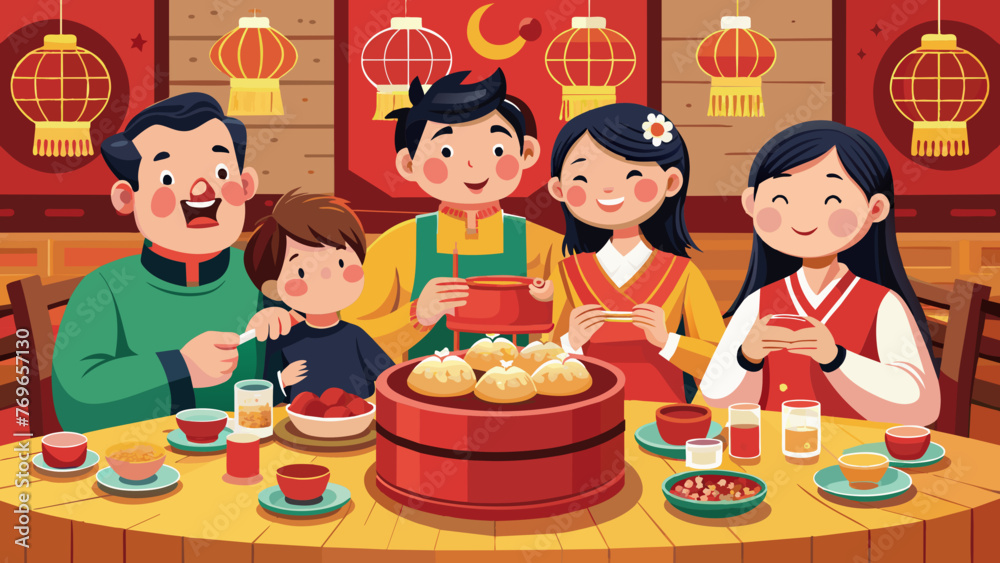 a vector illustration of chinese family eating dim a vector illustration of chinese family eating dim