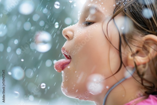 girl catching raindrops on her tongue