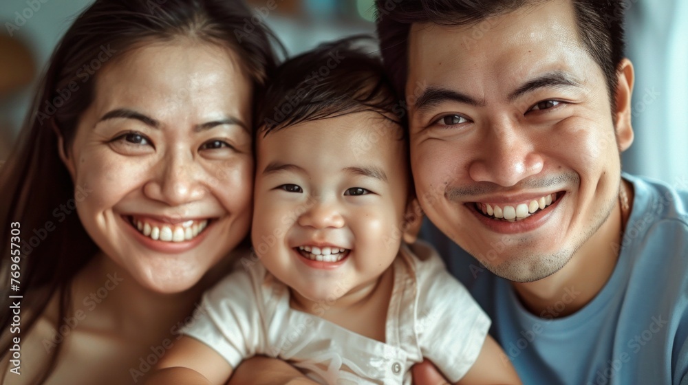 A joyful family moment captured with a smiling baby held by a smiling mother and father.