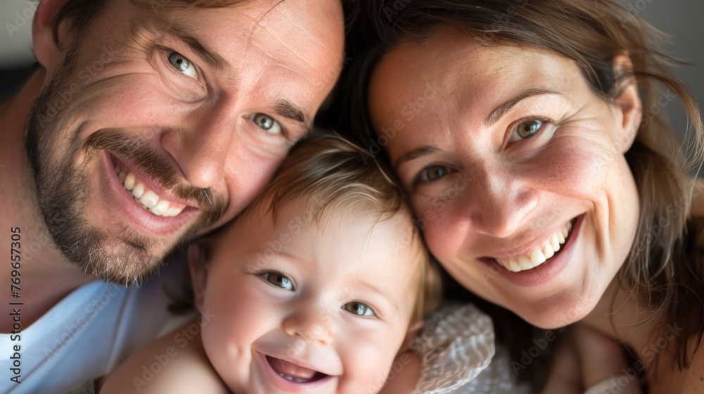A joyful family moment captured with a close-up portrait of a smiling couple and their baby all sharing a warm and loving embrace.