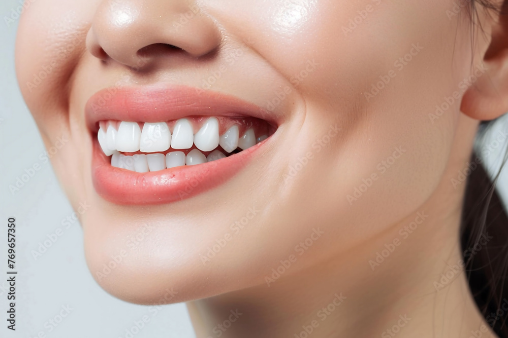 Obraz premium Charming female smile with healthy dazzling white teeth, showing excellent dental health and hygiene.Teeth whitening concept.